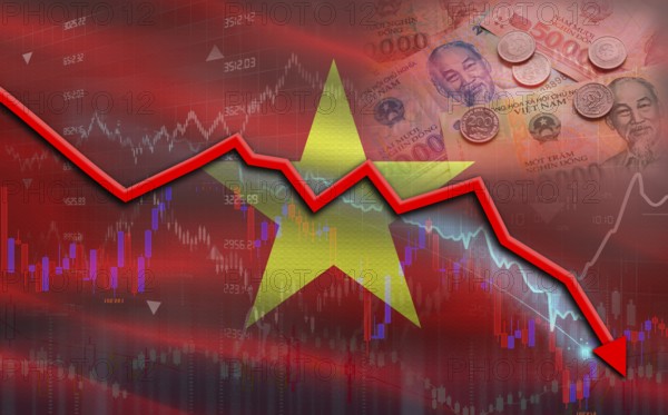 Vietnam financial fall on economy market. Vietnam financial crisis on economic graph