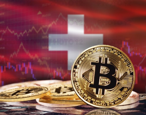Bitcoin with Switzerland flag in the background. Investors in cryptocurrency and Blockchain Technology in Switzerland, Concept