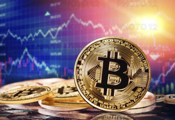 Bitcoin on financial market charts in the background. Investors in cryptocurrency and Blockchain Technology in market chart, Concept