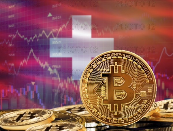 Investors in cryptocurrency and Blockchain Technology in Switzerland, Concept. Bitcoin with Switzerland flag in the background