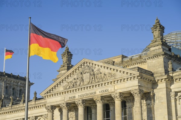 National flag, Black Red Gold, Reichstag building, Inscription, To the German people, Centre, Berlin, Germany