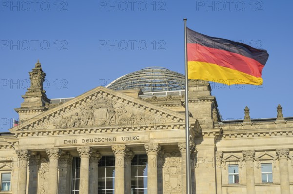 National flag, Black Red Gold, Reichstag building, Inscription, To the German people, Centre, Berlin, Germany