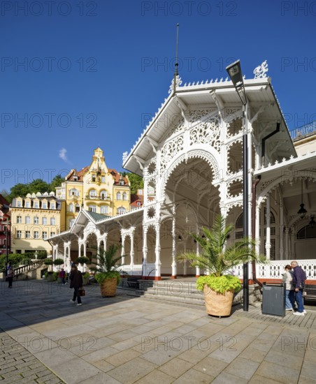 Swiss-style market colonnade, spa, healing spring, health, mineral, mineral water, illness, Karlovy Vary, Bohemia, Czech Republic