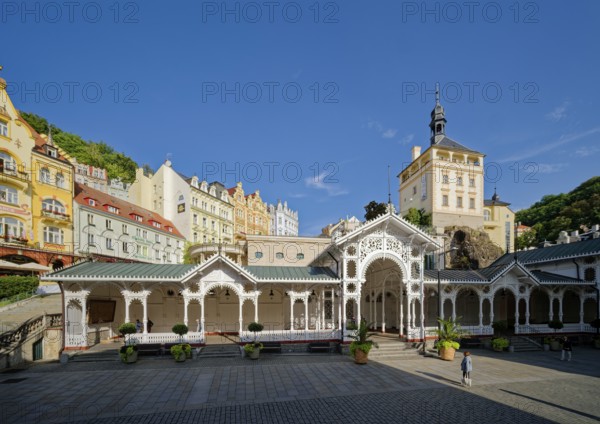 Swiss-style market colonnade and Gothic castle tower, spa, healing spring, health, mineral, mineral water, illness, Karlovy Vary, Karlovy Vary, Bohemia, Czech Republic