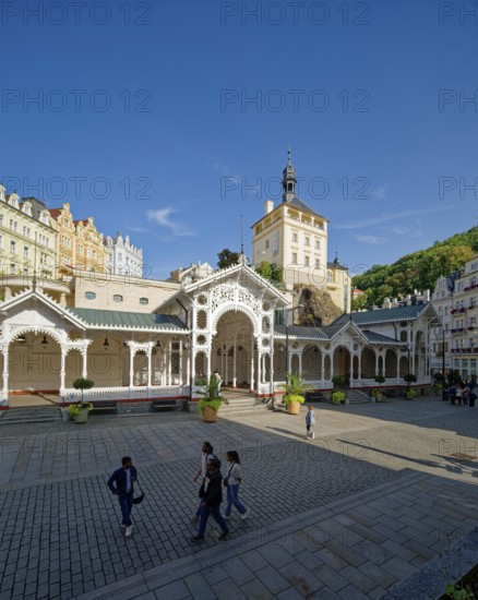 Swiss-style market colonnade and Gothic castle tower, spa, healing spring, health, mineral, mineral water, illness, Karlovy Vary, Karlovy Vary, Bohemia, Czech Republic
