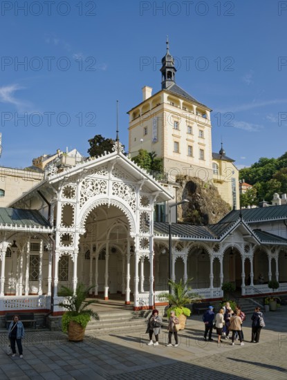 Swiss-style market colonnade and Gothic castle tower, spa, healing spring, health, mineral, mineral water, illness, Karlovy Vary, Karlovy Vary, Bohemia, Czech Republic