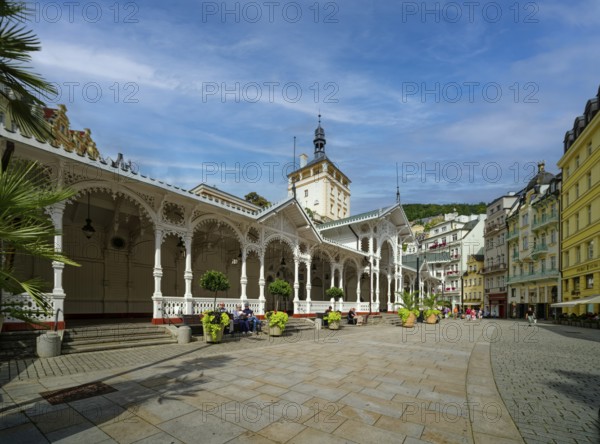 Swiss-style market colonnade and Gothic castle tower, spa, healing spring, health, mineral, mineral water, illness, Karlovy Vary, Karlovy Vary, Bohemia, Czech Republic