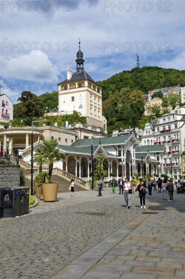 Swiss-style market colonnade and Gothic castle tower, spa, healing spring, health, mineral, mineral water, illness, Karlovy Vary, Karlovy Vary, Bohemia, Czech Republic