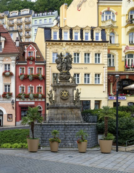 Trinity Column from 1716, Old Town, spa, healing spring, health, mineral, mineral water, illness, Karlovy Vary, Bohemia, Czech Republic