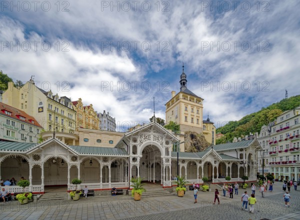 Swiss-style market colonnade and Gothic castle tower, spa, healing spring, health, mineral, mineral water, illness, Karlovy Vary, Karlovy Vary, Bohemia, Czech Republic