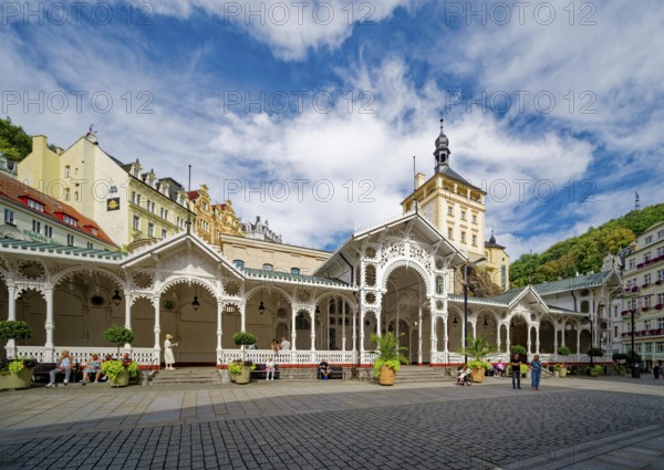 Swiss-style market colonnade and Gothic castle tower, spa, healing spring, health, mineral, mineral water, illness, Karlovy Vary, Karlovy Vary, Bohemia, Czech Republic