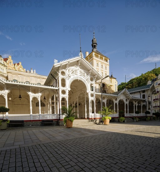 Swiss-style market colonnade and Gothic castle tower, spa, healing spring, health, mineral, mineral water, illness, Karlovy Vary, Karlovy Vary, Bohemia, Czech Republic