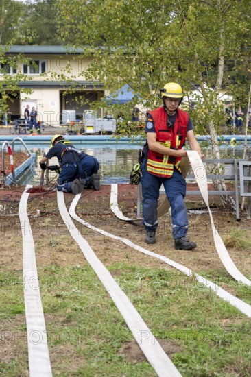 Emergency services practise the use of pumps that are used, for example, during floods, at an old swimming pool, large-scale exercise FÜLEX25, of the THW, Technisches Hilfswerk, Landesverband North Rhine-Westphalia, on 4 weekends over 3500 volunteers from the 127 North Rhine-Westphalia local associations practise many different deployment scenarios from the field of disaster control and civil defence