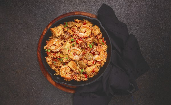 Jambalaya, Creole dish, American pilaf, rice with chicken and shrimp, vegetables, homemade, no people