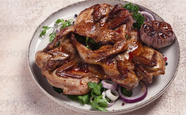 Fried, quail meat, tobacco (tapaka), with spices, homemade, no people