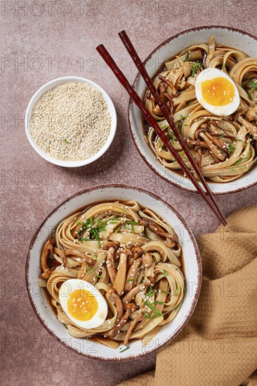 Buckwheat noodles soba with shimeji mushrooms, with boiled egg, green onion, sesame seeds, homemade, without people