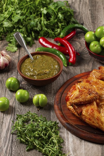 Baked tobacco chicken, served with tkemali sauce, on a wooden table, Georgian cuisine, rustic style, no people
