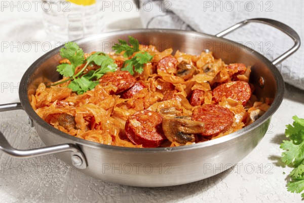Polish dish bigos, in a stainless steel pan, stewed meat with cabbage, chorizo sausages, mushrooms, homemade, without people