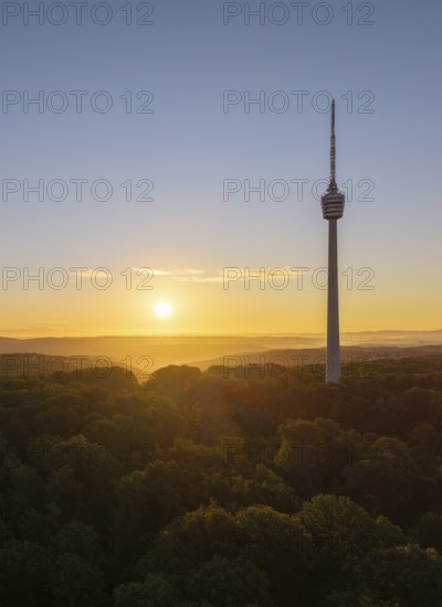 The television tower rises above the forest at sunrise, sky in warm colours, Stuttgart, Baden-Württemberg, Germany