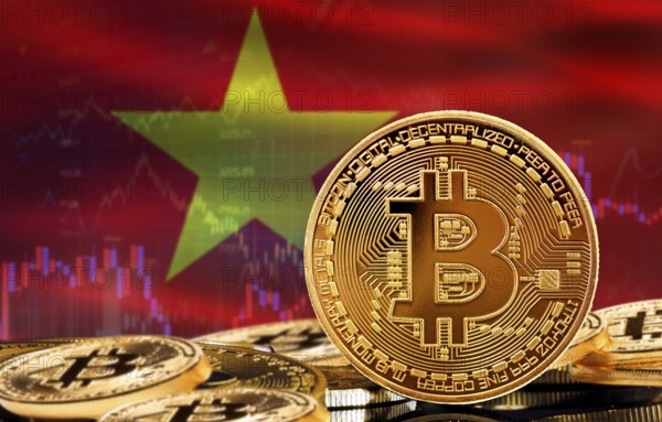 Investors in cryptocurrency and Blockchain Technology in Vietnam, Concept. Bitcoin with Vietnam flag in the background