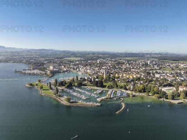 Harbour area, ferry port, yacht harbour, marina of the city of Romanshorn with Seepark, aerial view, panorama, Lake Constance, Canton Thurgau, Switzerland