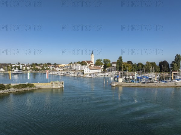 Harbour area, entrance from the ferry port, marina of Romanshorn with Seepark, aerial view, panorama, Lake Constance, Canton Thurgau, Switzerland