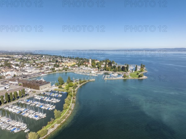 Harbour area, ferry port, yacht harbour, marina of the city of Romanshorn with Seepark, aerial view, Lake Constance, Canton Thurgau, Switzerland
