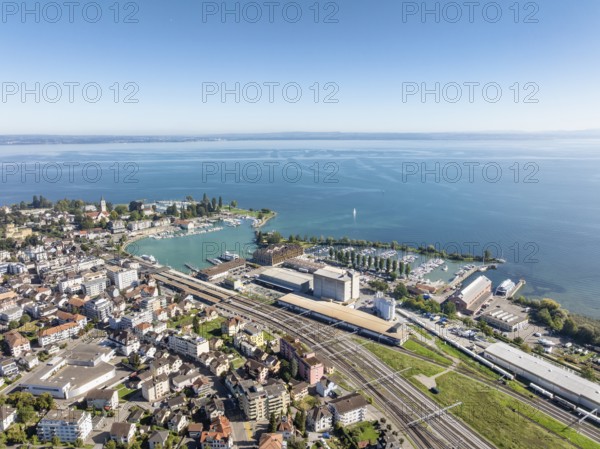 The town of Romanshorn with the main railway station, harbour area, ferry port, marina, aerial view, Lake Constance, Canton Thurgau, Switzerland