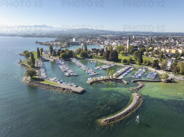 Harbour area, ferry port, yacht harbour, marina of the town of Romanshorn with Seepark, on the left on the horizon the Appenzell Alps with the Säntis, aerial view, Lake Constance, Canton Thurgau, Switzerland