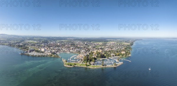 Harbour area, ferry port, yacht harbour, marina of the town of Romanshorn with Seepark, far left the Säntis, aerial view, panorama, Lake Constance, Canton Thurgau, Switzerland