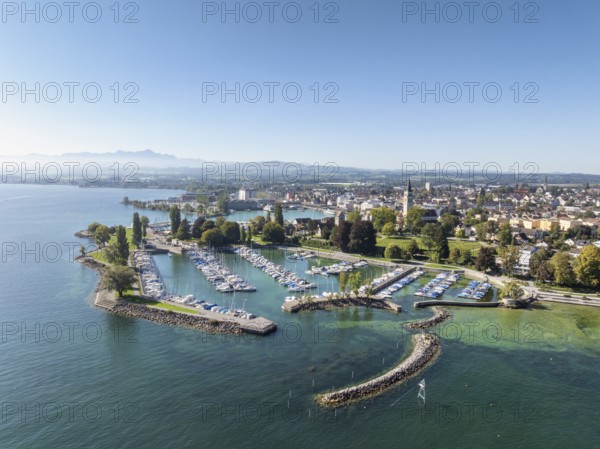 Harbour area, ferry port, yacht harbour, marina of the town of Romanshorn with Seepark, on the left on the horizon the Appenzell Alps with the Säntis, aerial view, Lake Constance, Canton Thurgau, Switzerland