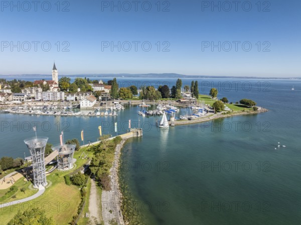 Harbour area, ferry port, yacht harbour, marina of Romanshorn with adventure playground on the bunker meadow, opposite the Seepark, aerial view, Lake Constance, Canton Thurgau, Switzerland