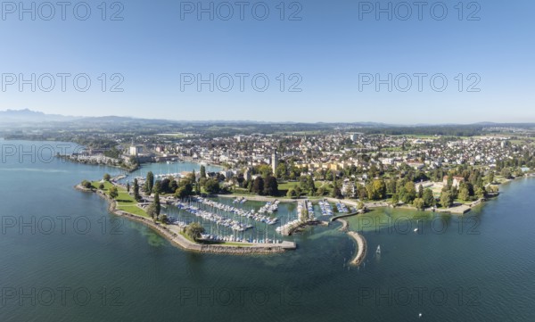 Harbour area, ferry port, yacht harbour, marina of the town of Romanshorn with Seepark, far left the Säntis, aerial view, panorama, Lake Constance, Canton Thurgau, Switzerland