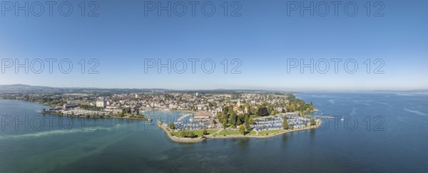 Harbour area, ferry port, yacht harbour, marina of the city of Romanshorn with Seepark, aerial view, panorama, Lake Constance, Canton Thurgau, Switzerland