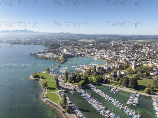 Harbour area, ferry port, yacht harbour, marina of the town of Romanshorn with Seepark, on the left on the horizon the Appenzell Alps with the Säntis, aerial view, Lake Constance, Canton Thurgau, Switzerland