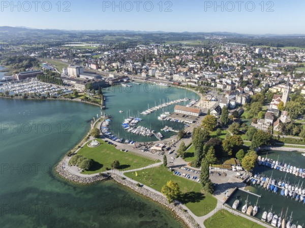 Harbour area, ferry port, yacht harbour, marina of the city of Romanshorn with Seepark, aerial view, Lake Constance, Canton Thurgau, Switzerland