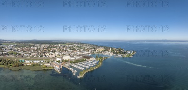 Harbour area, ferry port, yacht harbour, marina of the city of Romanshorn with Seepark, aerial view, panorama, Lake Constance, Canton Thurgau, Switzerland