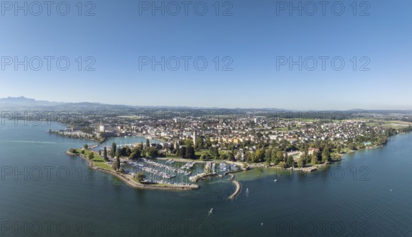 Harbour area, ferry port, yacht harbour, marina of the town of Romanshorn with Seepark, far left the Säntis, aerial view, panorama, Lake Constance, Canton Thurgau, Switzerland