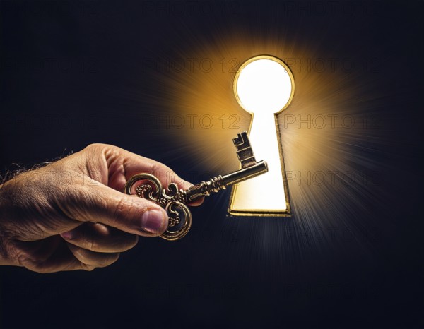 A hand holds an antique key, leading to a bright light in a keyhole shape, symbolizing opportunity, access, and unlocking potential, AI generated