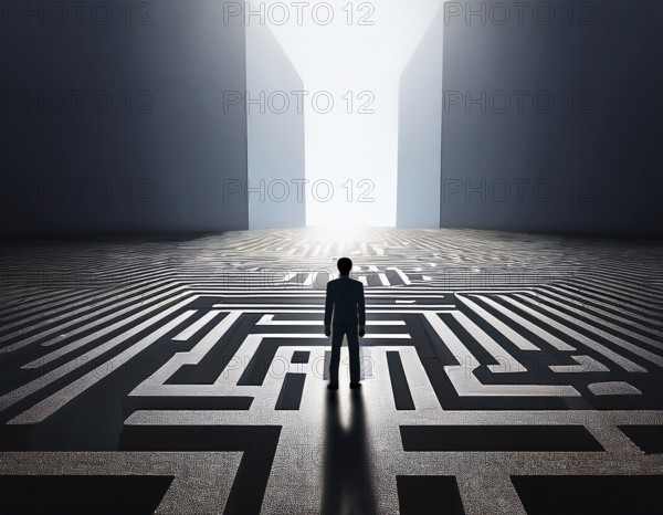 A lone individual stands at the edge of a large circular maze, contemplating choices and challenges ahead. The scene symbolizes complexity, decision-making, and introspection in a metaphorical depiction, AI generated