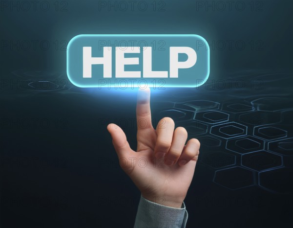 Hand point at an illuminated 'Help' button against a dark background with digital hexagonal patterns. Signifying technology, assistance, and innovation, AI generated