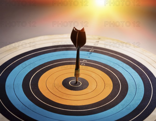 A precise dart accurately hitting the bullseye of a circular target against a vivid blue backdrop, symbolizing success, goals, and precision in achieving objectives, AI generated