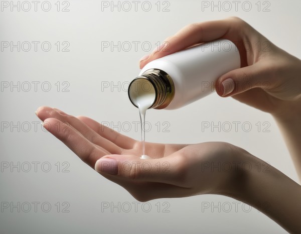 A close-up view of hands pouring a creamy lotion from a bottle into a palm. The scene emphasizes skincare, simplicity, and cleanliness, with a neutral background highlighting the product and action, AI generated