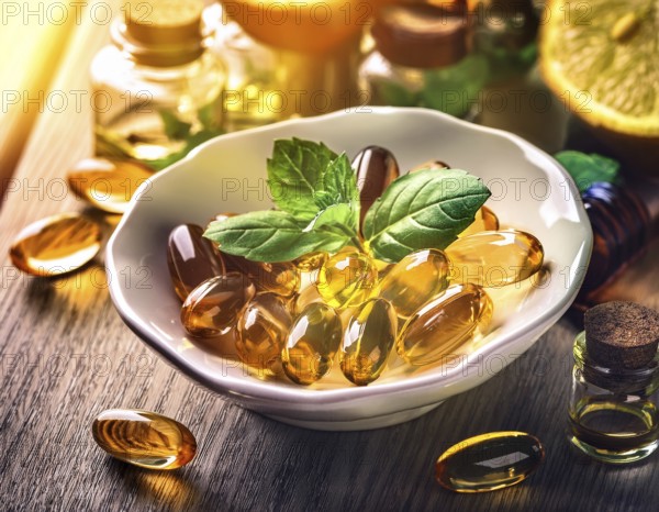 Vitamin capsules placed in a white ceramic bowl, adorned with green medicinal herbs, symbolizing health and natural wellness, set against a warm, soft-focused background for a fresh, organic ambiance, AI generated