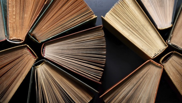 Old books arranged highlighting their historical significance. Neatly arranged representing a collection of wisdom, AI generated