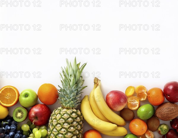 An artistic arrangement of vibrant fruits including apples, oranges, strawberries, and berries on a blue surface, showcasing freshness, variety, and healthy eating, AI generated