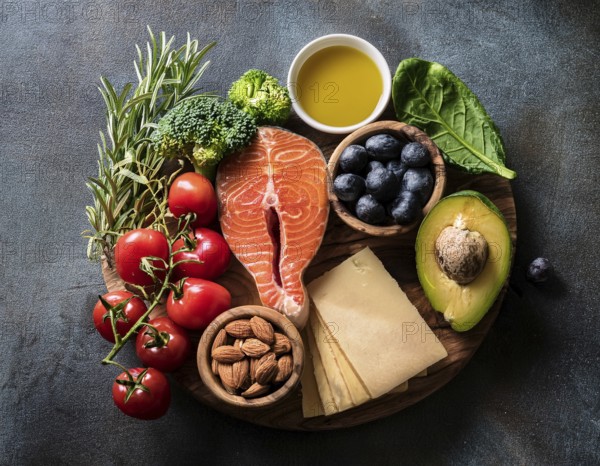 A vibrant assortment of healthy food ingredients, including fresh vegetables, salmon, nuts, and cheese, ideal for a balanced Mediterranean diet and promoting overall wellness and nutritious eating habits, AI generated