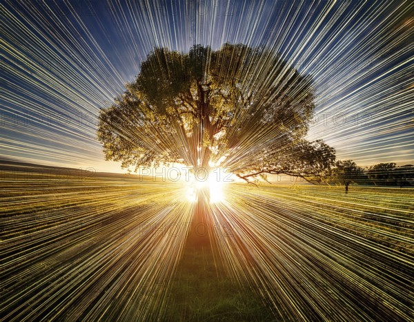 An awe-inspiring scene showcasing the sun's rays bursting through a solitary tree, illuminating a tranquil green meadow against a dramatic morning sky. A symbol of peace, life, and scenic nature, AI generated