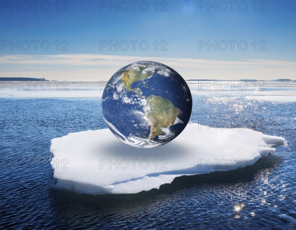 A symbolic depiction of Earth submerged in ocean water amidst melting ice, emphasizing climate change, global warming effects, and environmental conservation. The image portrays rising sea levels and dramatic environmental consequences, AI generated
