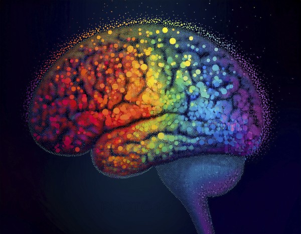 Vivid artistic interpretation of a human brain featuring a spectrum of colors and dotted patterns. Expresses creativity, neuroscience, and cognitive exploration in a visually striking style, AI generated